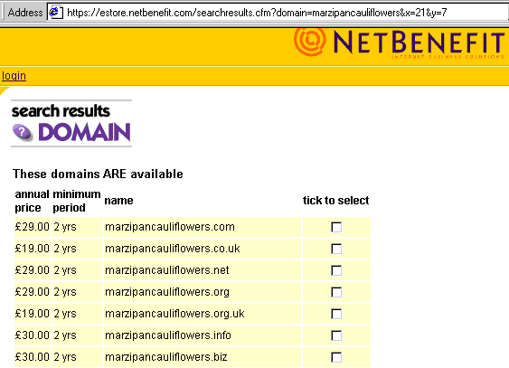 screen shot of unregistered domain names