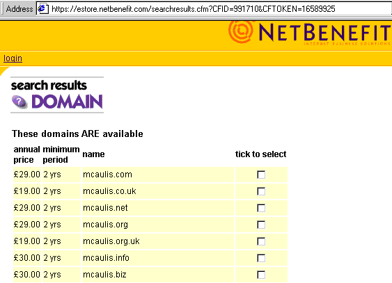 screen shot of unregistered domain names
